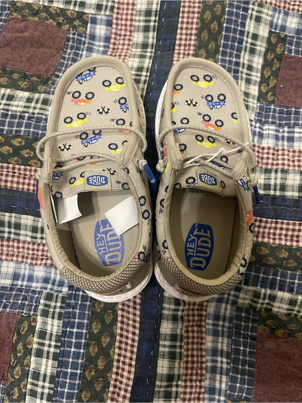 Hey Dude Kids Beige Canvas Slip-On Sneakers with Colorful Vehicle Print